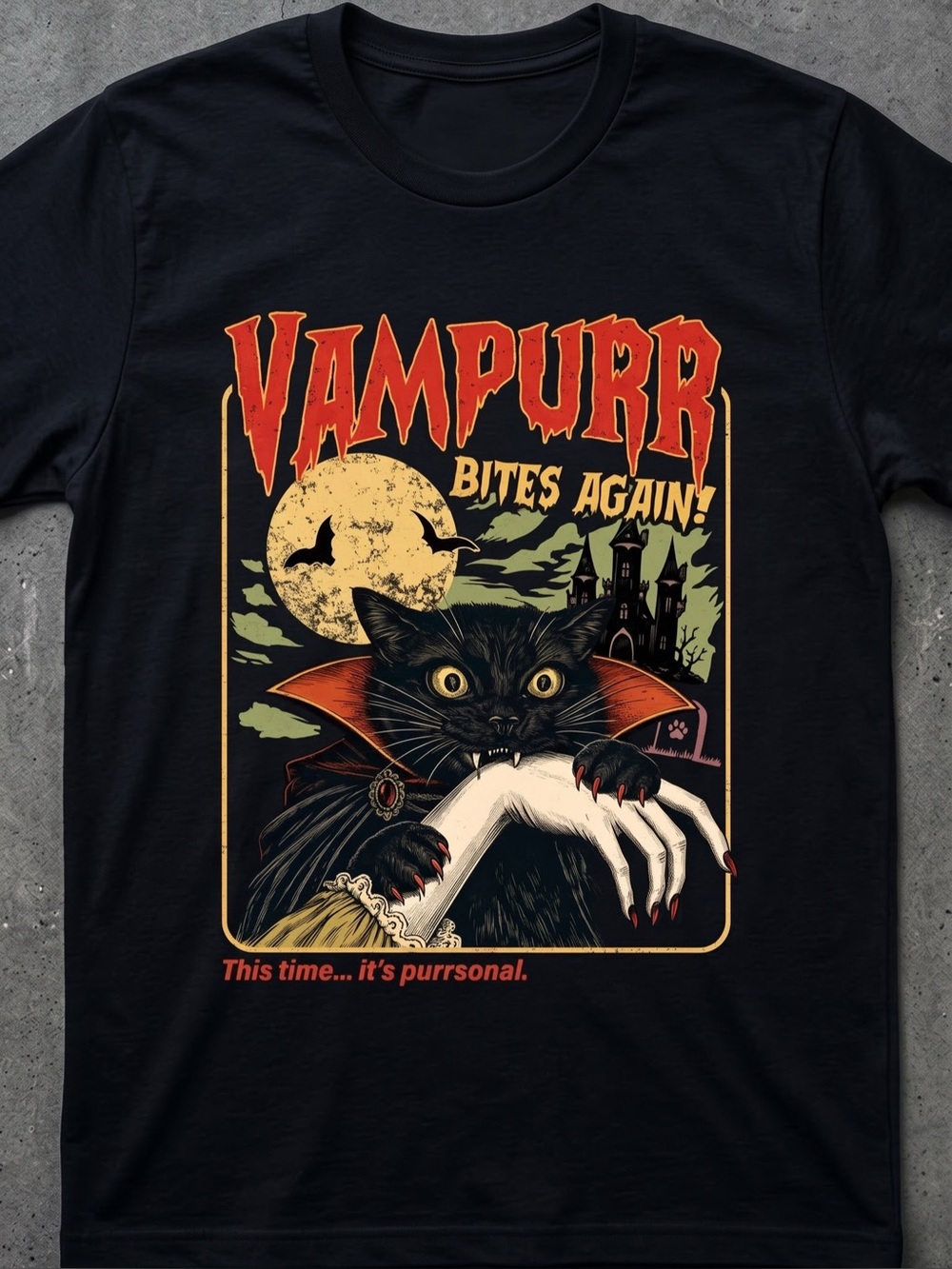 Vampurr Bites Again! Black Graphic Cat Tee